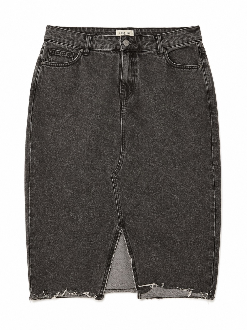 LOST INK BLACK DENIM RAW HEM SKIRT